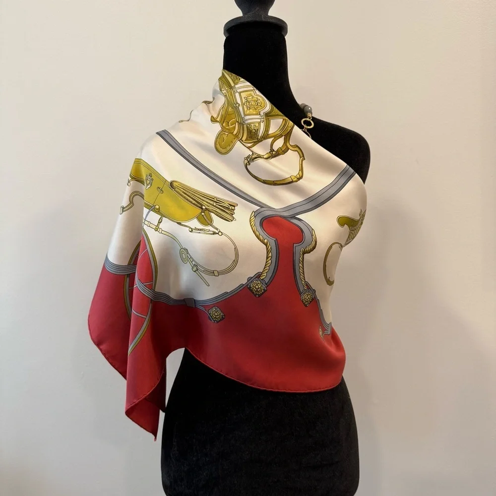 Hermes Silk Scarf 90 Carré Gold Red Equestrian Hand Rolled Made in France